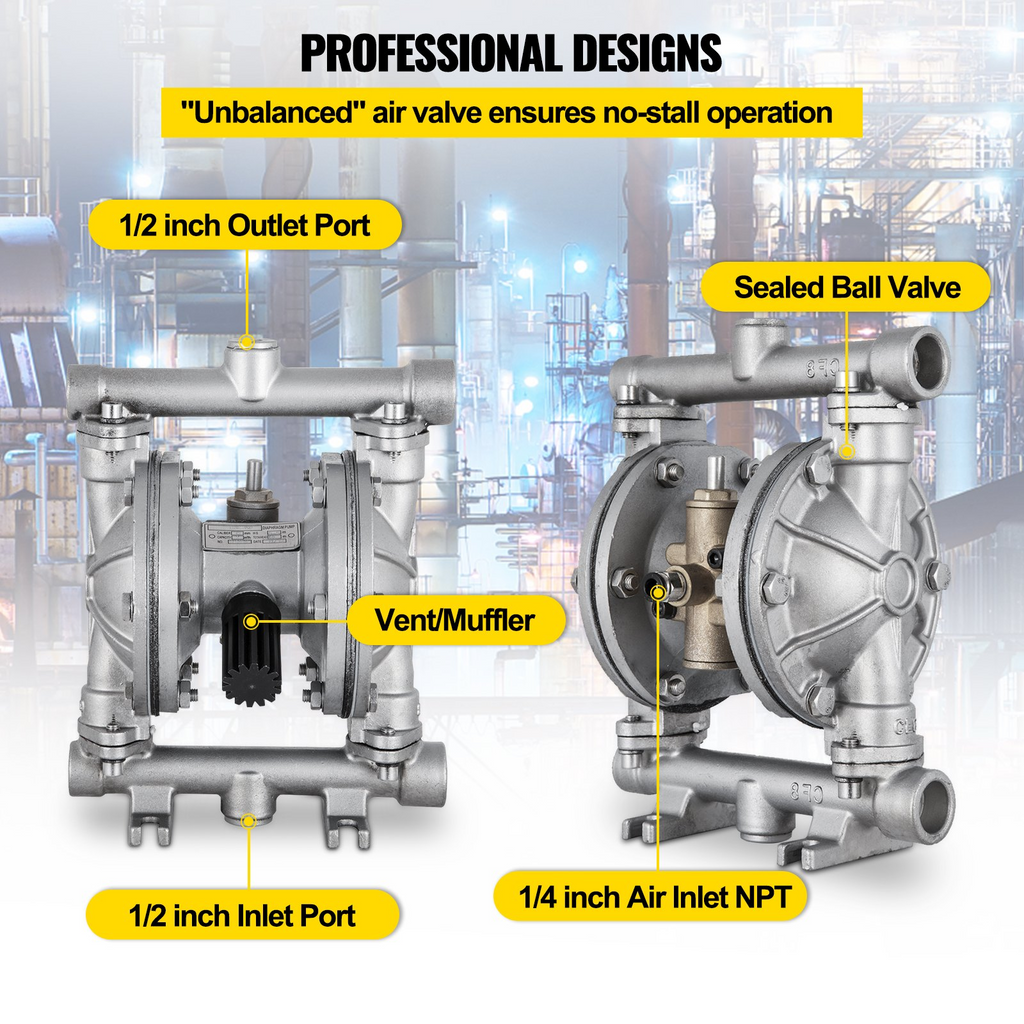 Bomba de diafragma doble operada por aire VEVOR, entrada y salida de 1/2 pulg., cuerpo de acero inoxidable, 8,8 GPM y máx. 120 PSI, bomba de transferencia neumática con diafragma de PTFE para petróleo, diésel