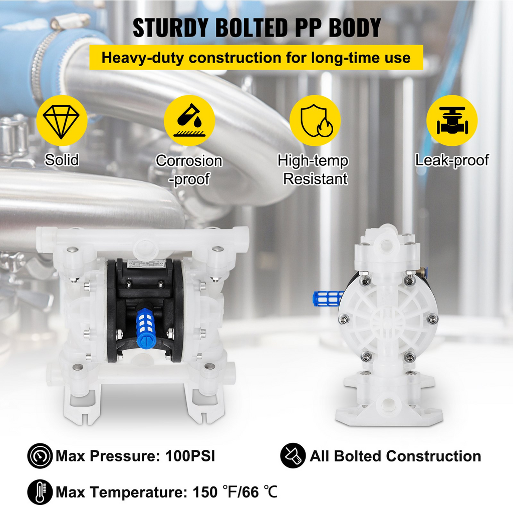 Bomba de diafragma doble operada por aire VEVOR, entrada y salida de 1/2 pulg., cuerpo de polipropileno, 8,8 GPM y máx. 120 PSI, bomba de transferencia neumática con diafragma de PTFE para petróleo, diésel,