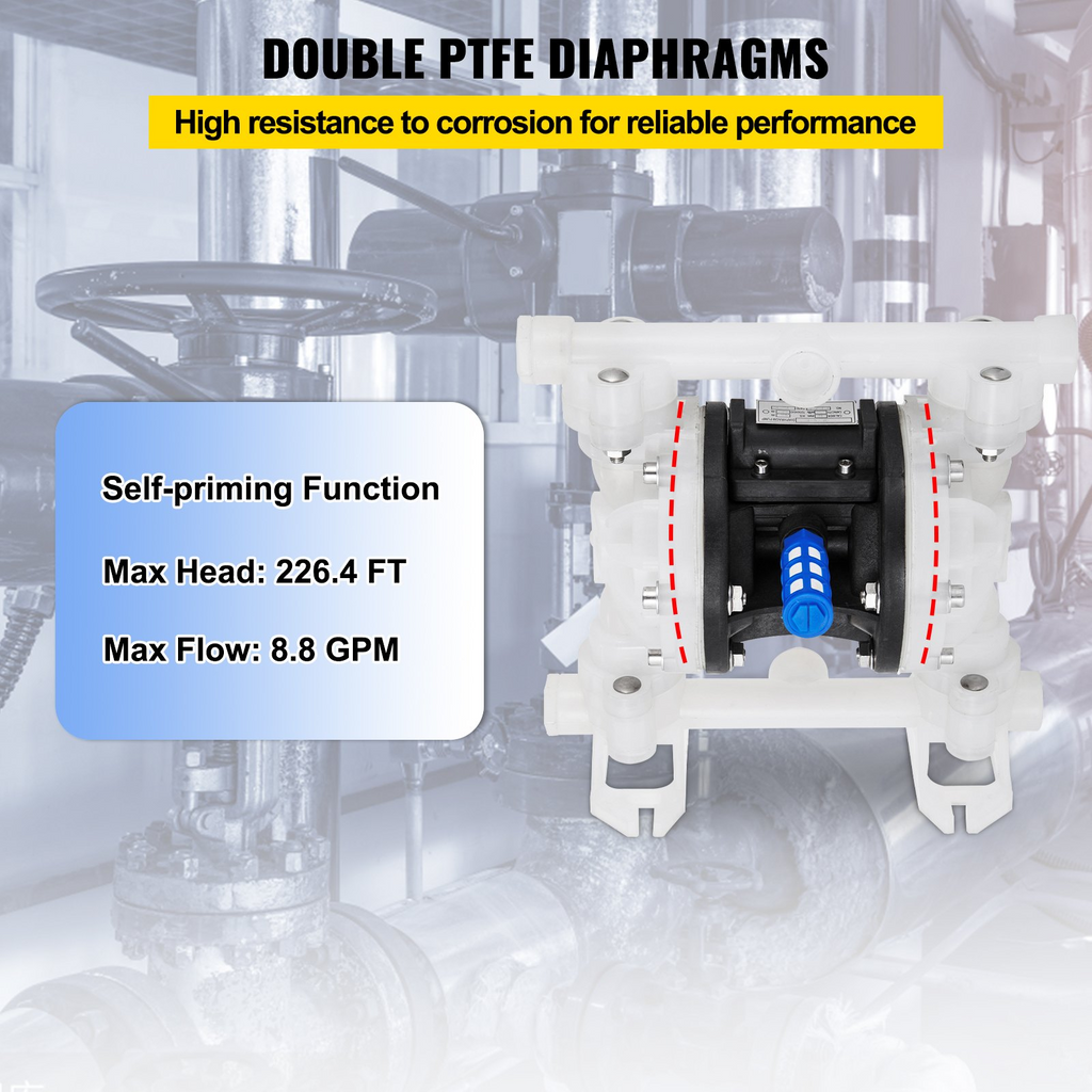 Bomba de diafragma doble operada por aire VEVOR, entrada y salida de 1/2 pulg., cuerpo de polipropileno, 8,8 GPM y máx. 120 PSI, bomba de transferencia neumática con diafragma de PTFE para petróleo, diésel,