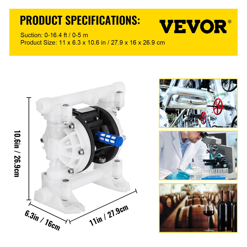 Bomba de diafragma doble operada por aire VEVOR, entrada y salida de 1/2 pulg., cuerpo de polipropileno, 8,8 GPM y máx. 120 PSI, bomba de transferencia neumática con diafragma de PTFE para petróleo, diésel,