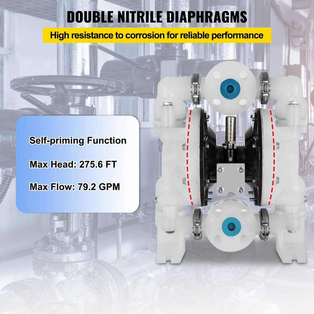 Bomba de diafragma doble accionada por aire VEVOR, entrada/salida de 1 pulgada, 30 GPM, polipropileno, máx. 120 PSI, para uso químico e industrial