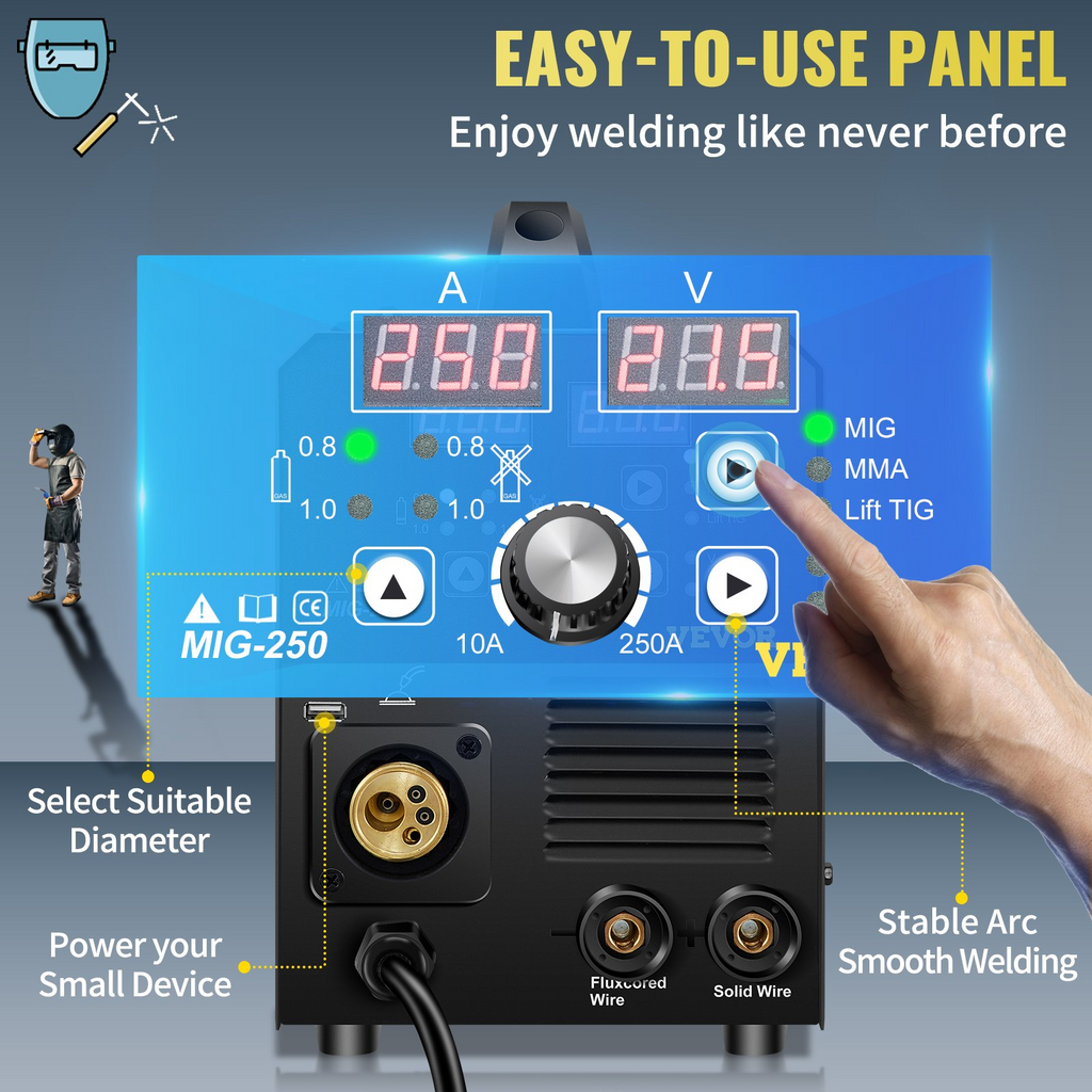 Soldador MIG VEVOR de 250 A, máquina de soldar 3 en 1, máquina de soldadura de alambre sólido/gas/núcleo fundente de 220 V con inversor IGBT y antorcha, soldador multiproceso digital MIG/Lift TIG/Stick