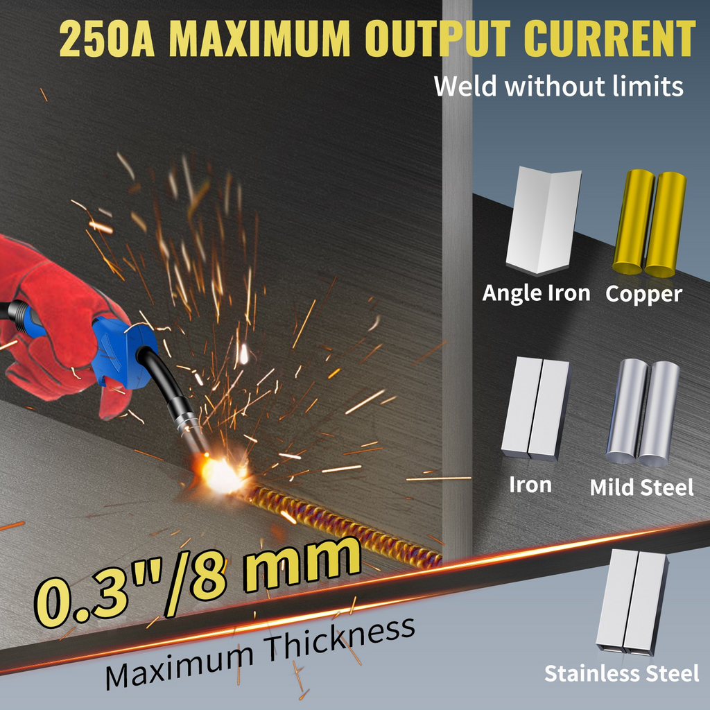 Soldador MIG VEVOR de 250 A, máquina de soldar 3 en 1, máquina de soldadura de alambre sólido/gas/núcleo fundente de 220 V con inversor IGBT y antorcha, soldador multiproceso digital MIG/Lift TIG/Stick