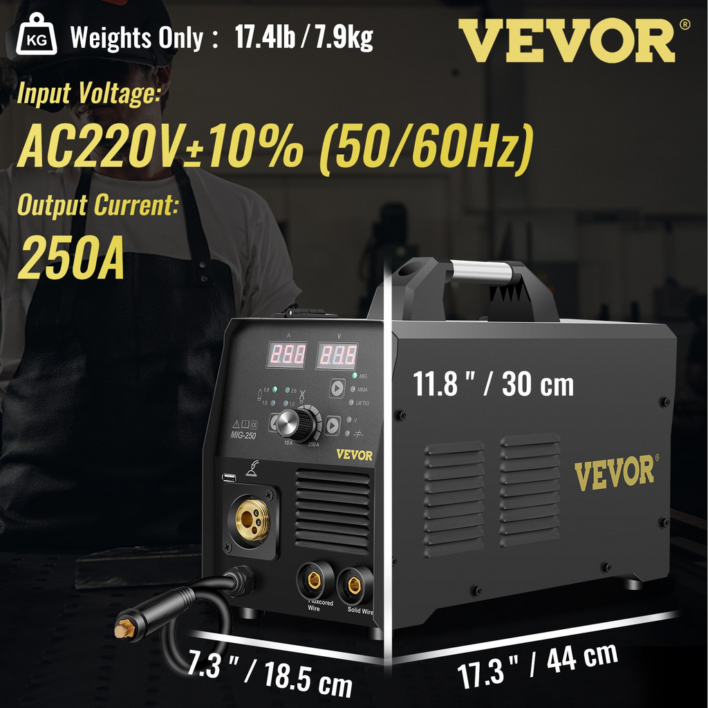 Soldador MIG VEVOR de 250 A, máquina de soldar 3 en 1, máquina de soldadura de alambre sólido/gas/núcleo fundente de 220 V con inversor IGBT y antorcha, soldador multiproceso digital MIG/Lift TIG/Stick