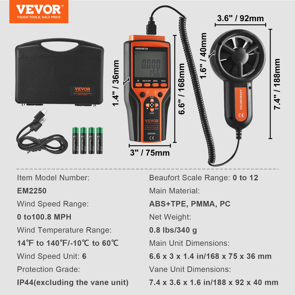 Anemómetro de mano dividido VEVOR 14 ℉-140 ℉