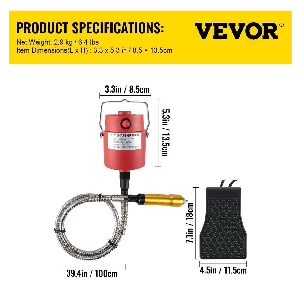 Amoladora de eje flexible VEVOR, herramienta rotativa de 560 W con mandril de 3 mordazas de 1/4" y pedal de velocidad continua,  de 500 a 25 000 RPM,