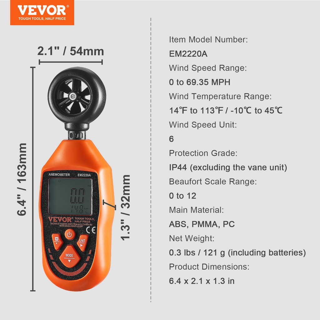 Anemómetro de mano VEVOR 14 ℉-113 ℉