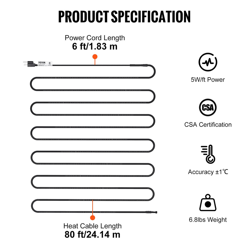 Cable calefactor autorregulable para tuberías VEVOR de 80 pies y 5 W/pie 120 V