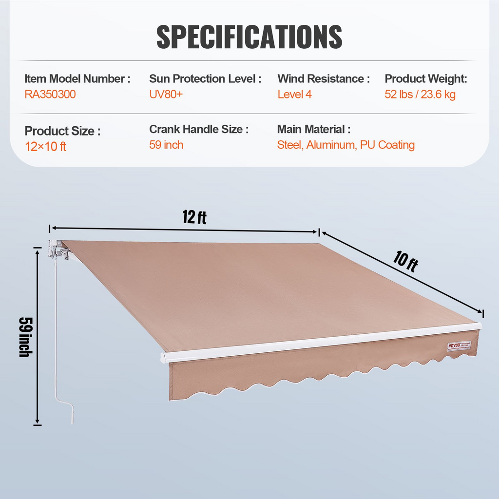 VEVOR Toldo retráctil manual de 12 x 10 pies para exteriores