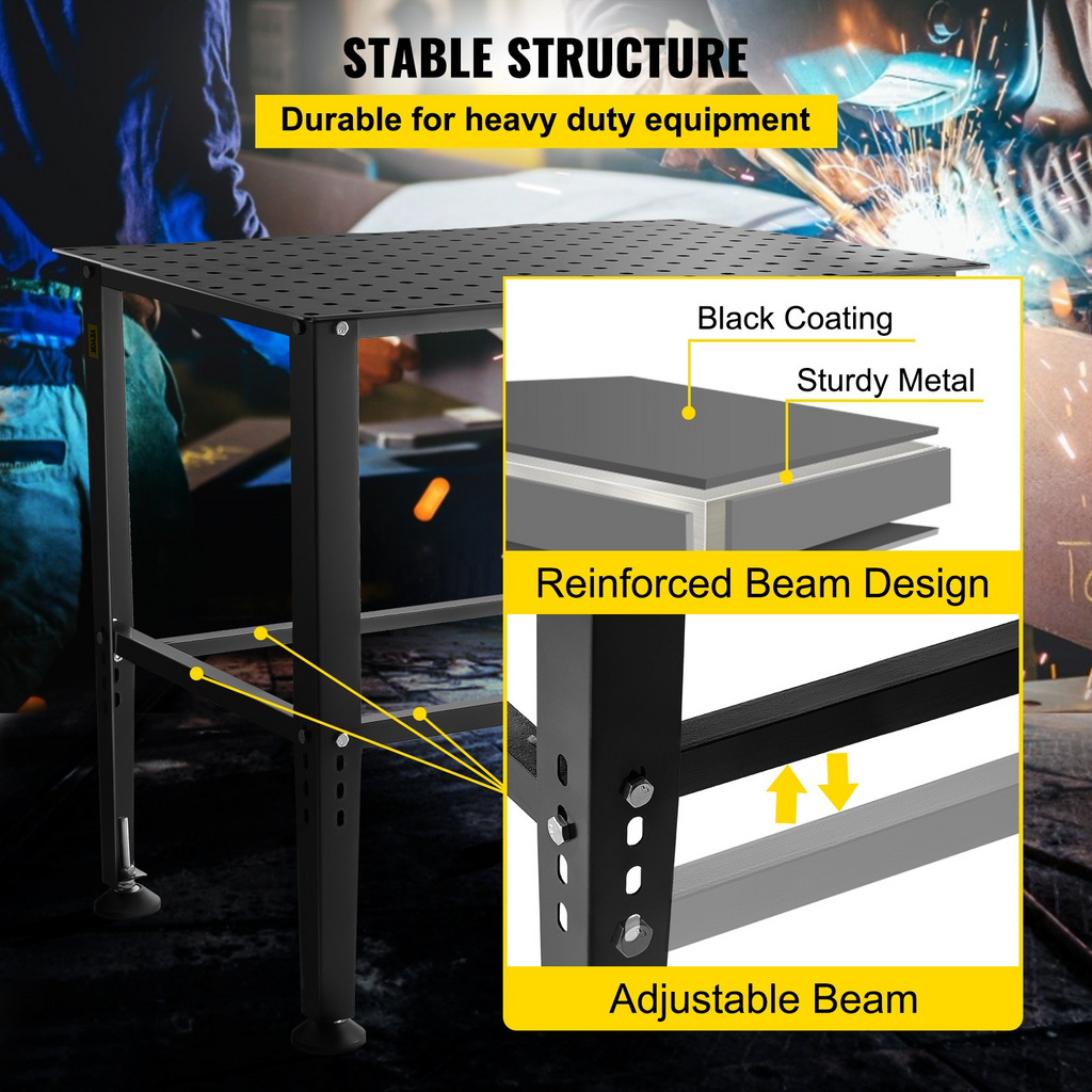 VEVOR Welding Table, 36" x 24" Adjustable Workbench, 0.12" Thick Industrial Workbench, 600lb Load Capacity Metal Workbench, Heavy Duty Carbon Steel Welding Table, Gray Steel Work Table w/ Accessories