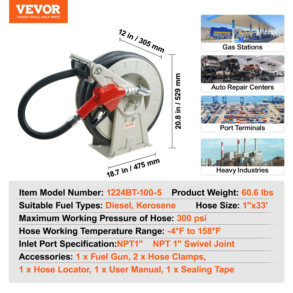 VEVOR Carrete de manguera de combustible, 1" x 33', carrete de manguera diésel retráctil extra largo, construcción de acero al carbono de alta resistencia con boquilla de combustible automática JH2