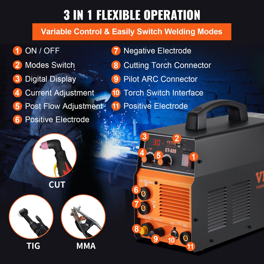 Miniatura del producto	 Máquina soldadora de plasma 3 en 1 VEVOR, máquina combinada de corte por plasma TIG/MMA CT-520, soldadora TIG de plasma con arco piloto sin contacto y soldadora de varilla