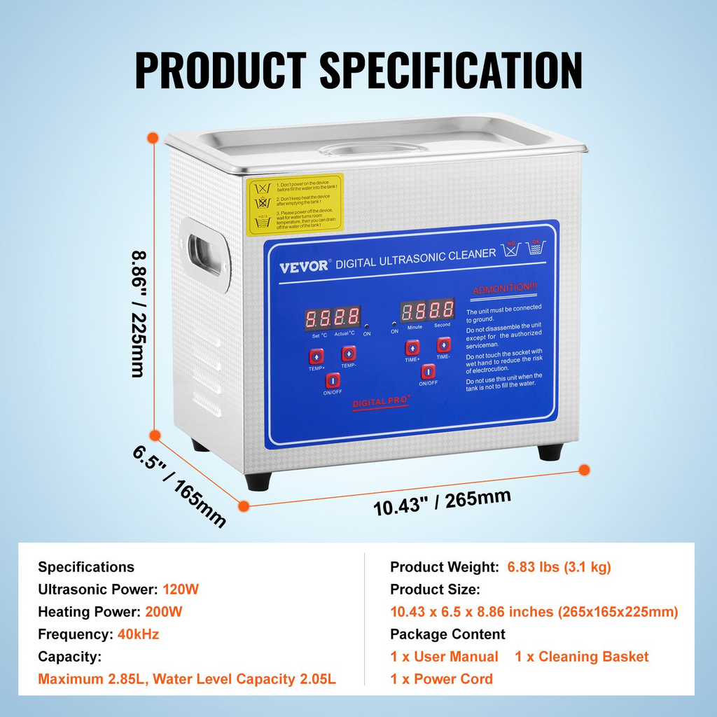 Limpiador ultrasónico VEVOR con temporizador digital y calentador (3L)