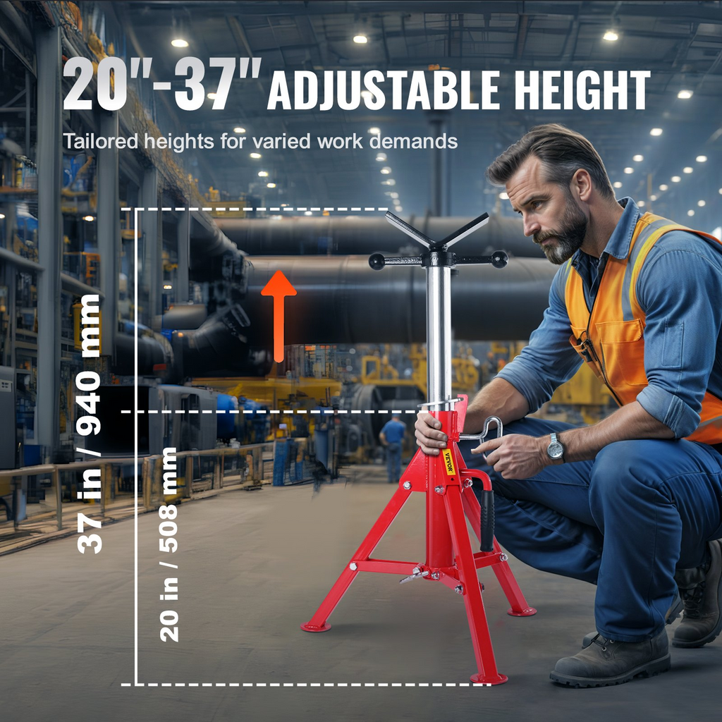 Soporte para tubos VEVOR con cabezal en V capacidad de 1/8" a 12" altura ajustable de 20" a 37" capacidad de carga de 2500 lb