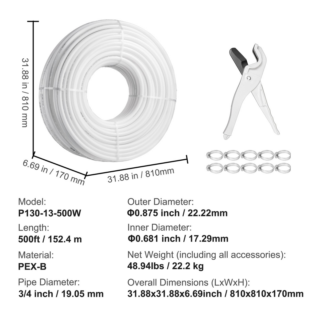 Tubo Tubo PEX VEVOR 3/4 pulgada 500 pies para agua potable caliente fría plomería incluye cortador abrazaderas blanco