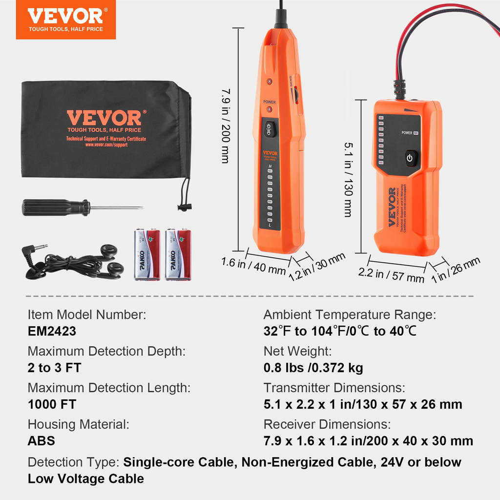 Localizador de cables subterráneos VEVOR profundidad máxima 3 pies detector rotura cables auriculares longitud máxima 1000 pies