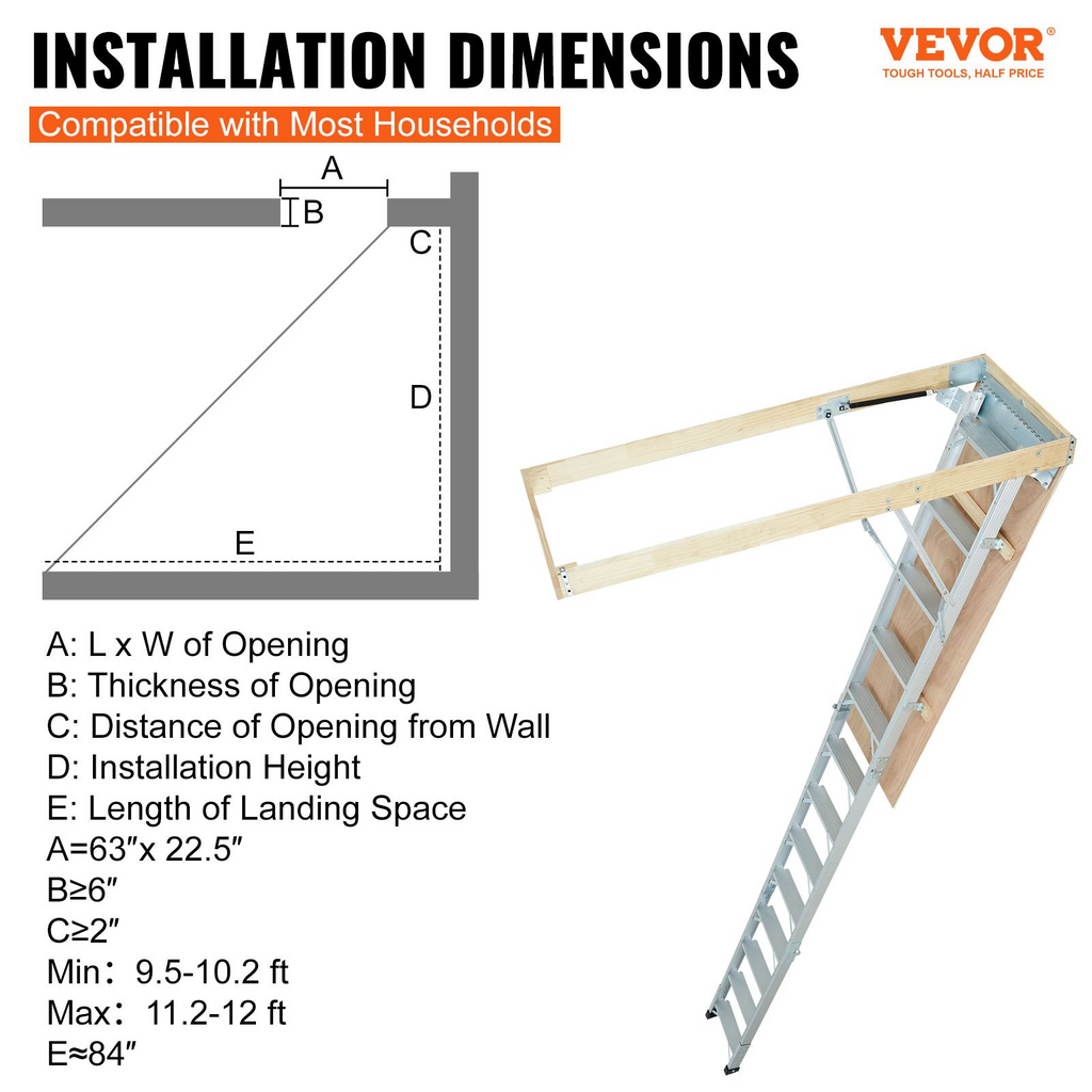 Escalera plegable para ático VEVOR capacidad de 350 libras 22,5" x 63" extensión de aluminio multiusos liviana y portátil se adapta a alturas de techo de 9,5' a 12'