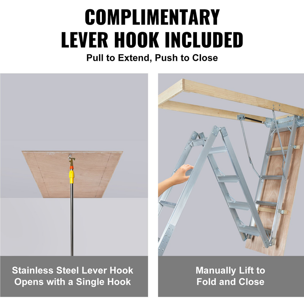 Escalera plegable para ático VEVOR capacidad de 350 libras 22,5" x 63" extensión de aluminio multiusos liviana y portátil se adapta a alturas de techo de 9,5' a 12'