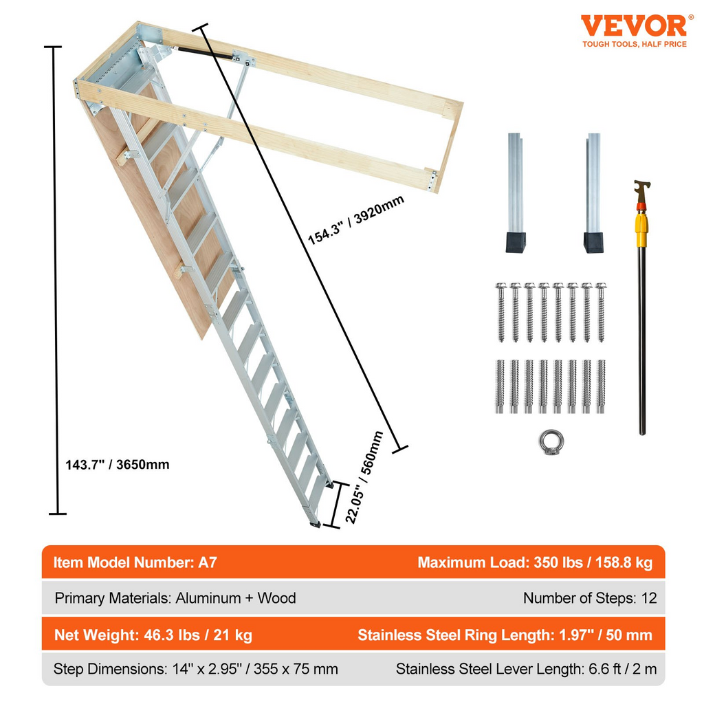 Escalera plegable para ático VEVOR capacidad de 350 libras 22,5" x 63" extensión de aluminio multiusos liviana y portátil se adapta a alturas de techo de 9,5' a 12'