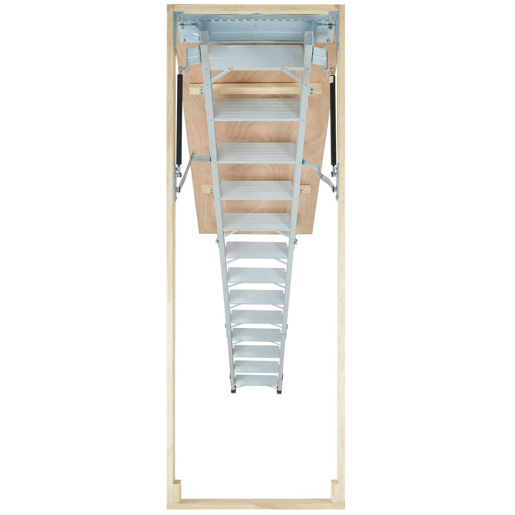 Escalera plegable para ático VEVOR capacidad de 350 libras 22,5" x 63" extensión de aluminio multiusos liviana y portátil se adapta a alturas de techo de 9,5' a 12'