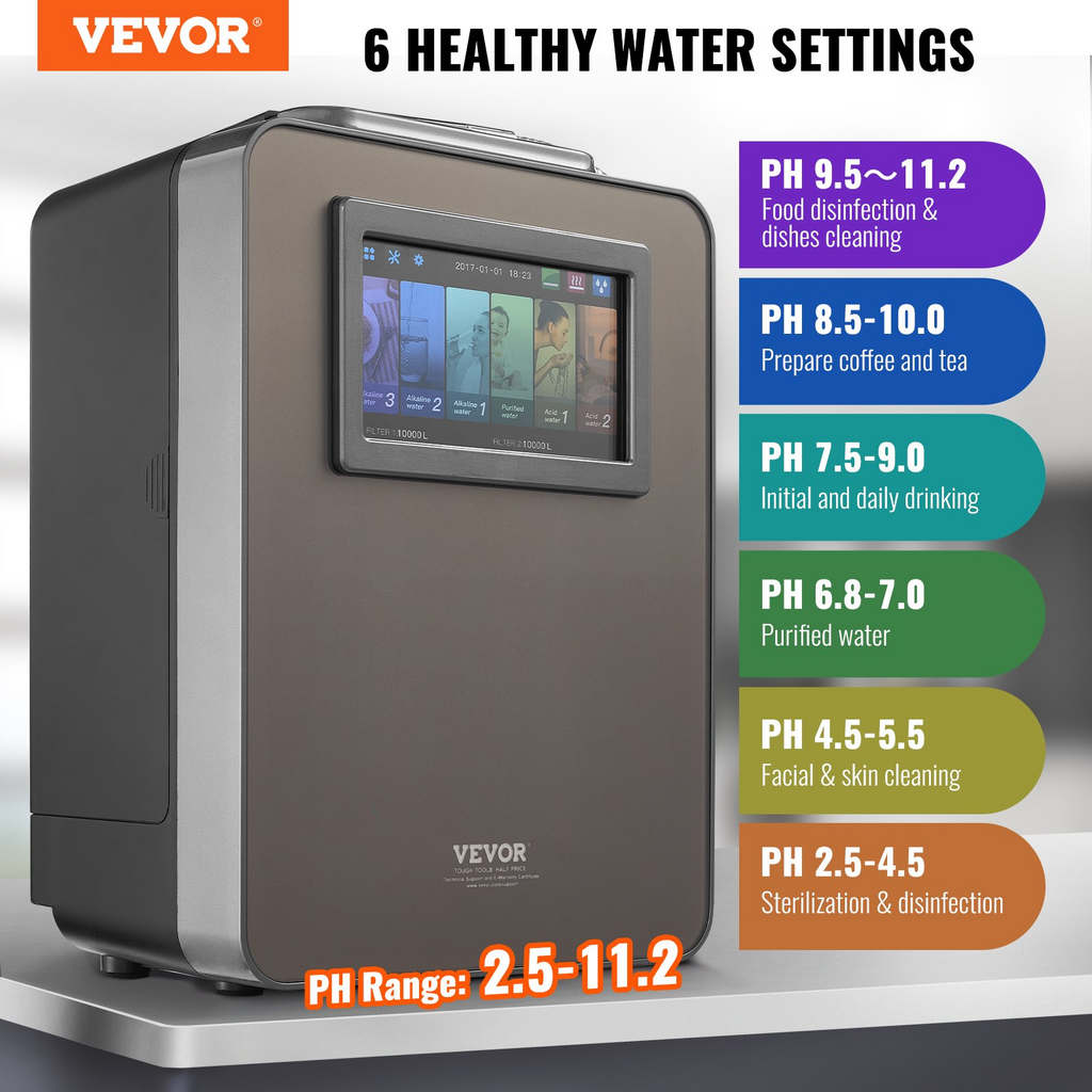 Máquina ionizadora de agua alcalina VEVOR  pH 2,5-11,2 ORP de hasta -850 mV 10 000 l por filtro