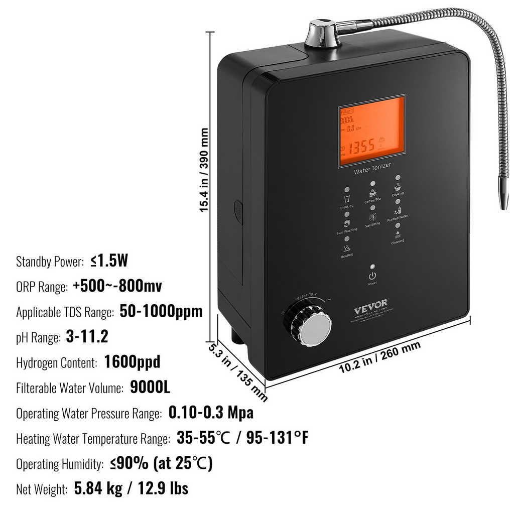 Máquina ionizadora de agua alcalina VEVOR con hidrógeno de pH 3-11,2 con 6 configuraciones de agua ORP de hasta -800 mV 9000 l