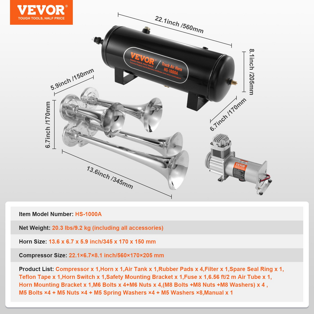 Kit de bocinas de tren VEVOR 4 trompetas 150 dB para camionetas compresor de aire de 12 V y 160 psi