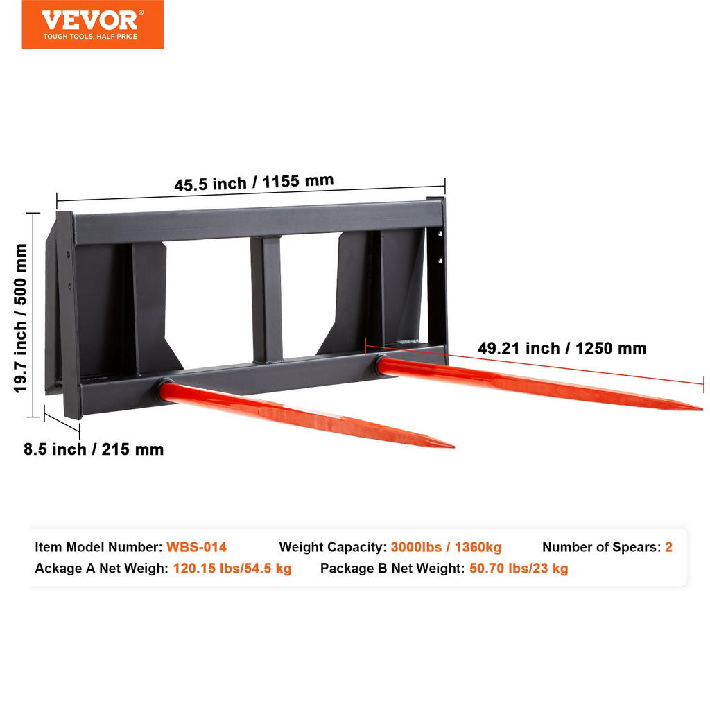 Lanza para heno de 49" lanza para pacas con capacidad de carga de 3000 lb 2 lanzas