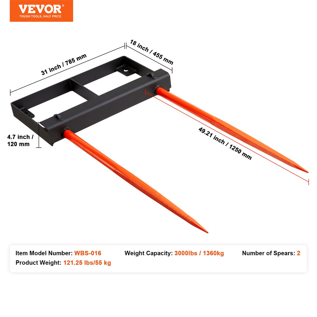 Lanza para heno de 49" para pacas con capacidad de carga de 3000 libras 2 lanzas estabilizadoras de 17,5" y cadena de 60"