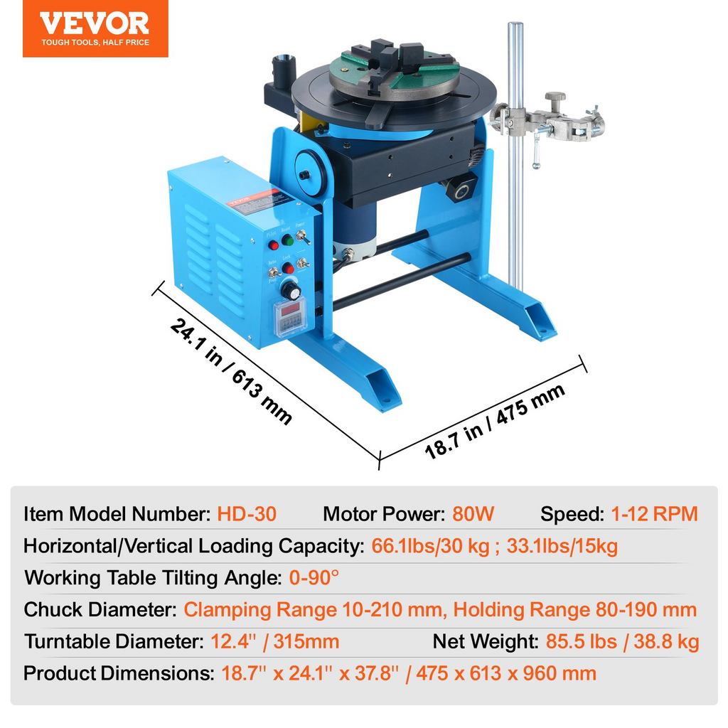 VEVOR Rotary Welding Positioner 66LBS / 30KG, 0-90° Welding Positioning Turntable Table 1-12RPM 80W, with 12.4 Inch 3-Jaw Lathe Chuck & Welding Torch Stand Holder for Cutting, Grinding, Assembly