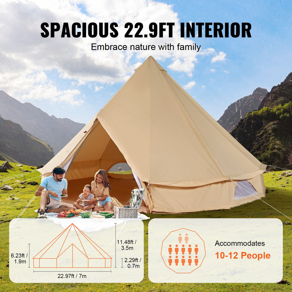 Tienda de campaña de lona para 12 personas carpa tipo yurta grande transpirable e impermeable 6,9 m x 6,9 m x 35,5 cm (diámetro de 7 m)