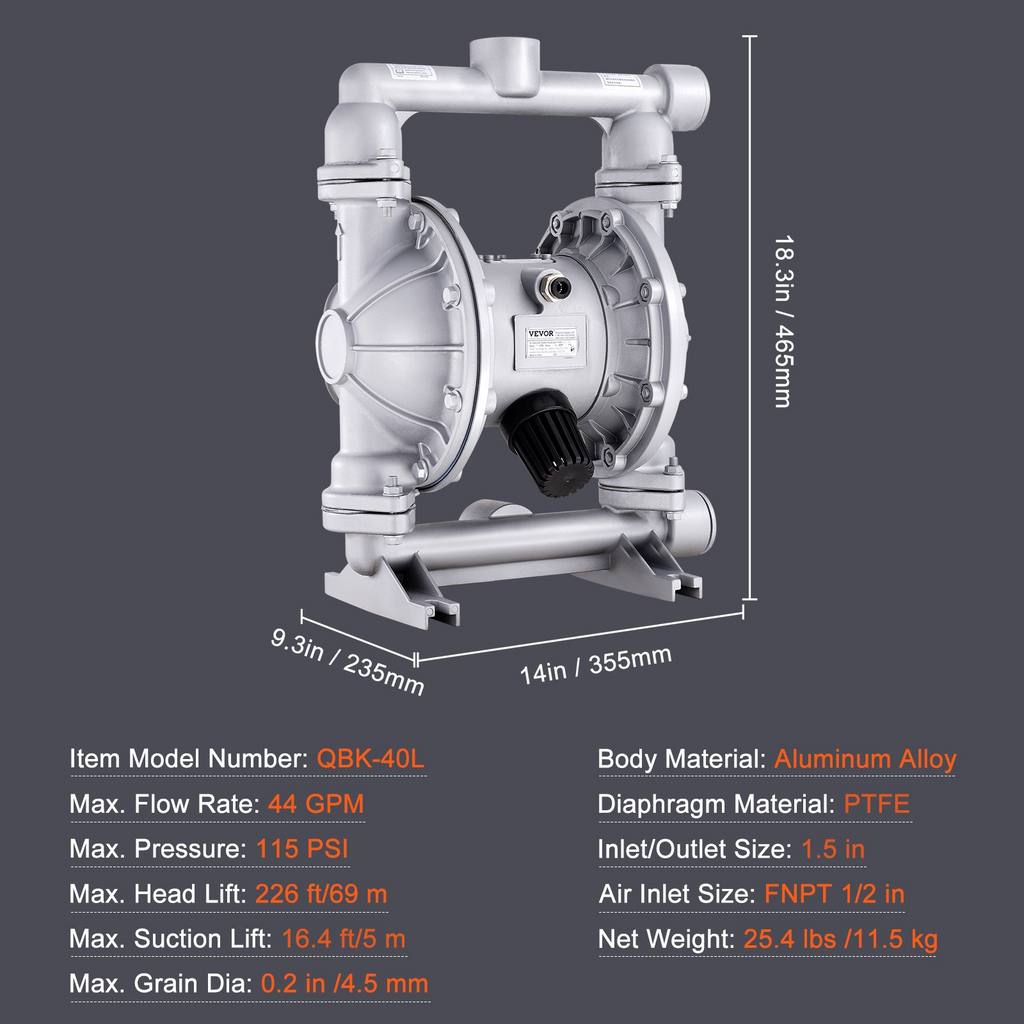 Bomba de diafragma doble operada por aire VEVOR, 44 GPM, máx. 115 PSI Bomba de transferencia neumática de aceite usado con 2 diafragmas adicionales, entrada y salida de 1-1/2 pulgada Bomba de diafragma de aleación de aluminio para aceite de grasa diésel