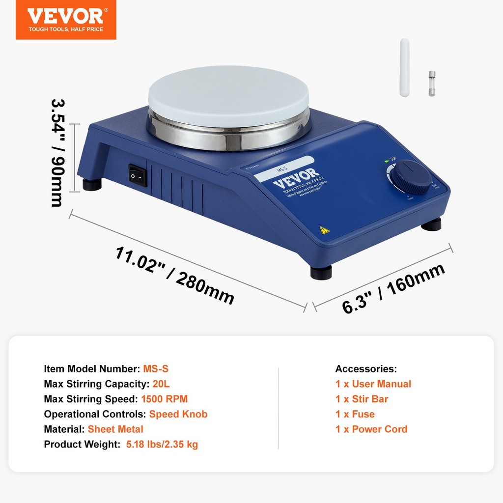 Agitador magnético VEVOR de 0 a 1500 RPM con perilla de velocidad ajustable