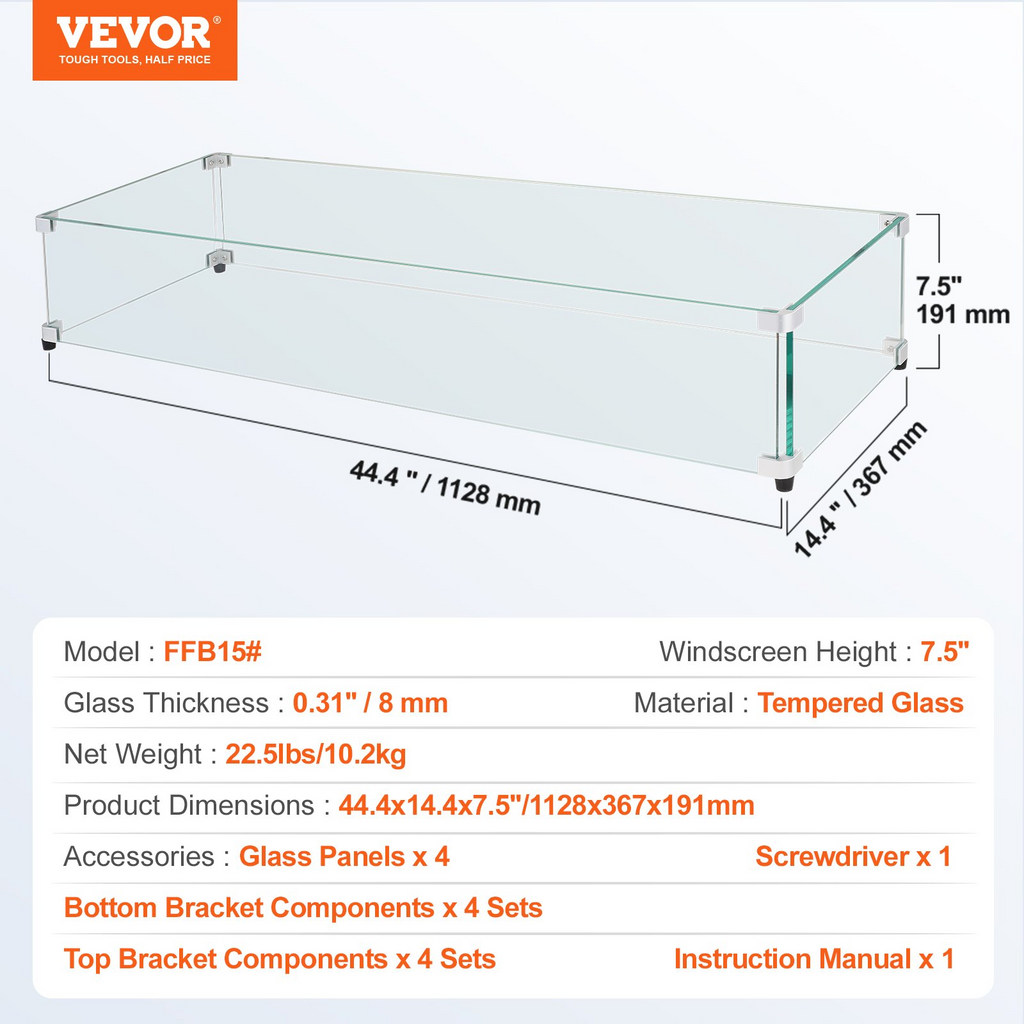 Protector de viento de vidrio para mesa de fogata rectangular de 44 x 14 x 7,5 pulgadas de 0,31 pulgadas de espesor