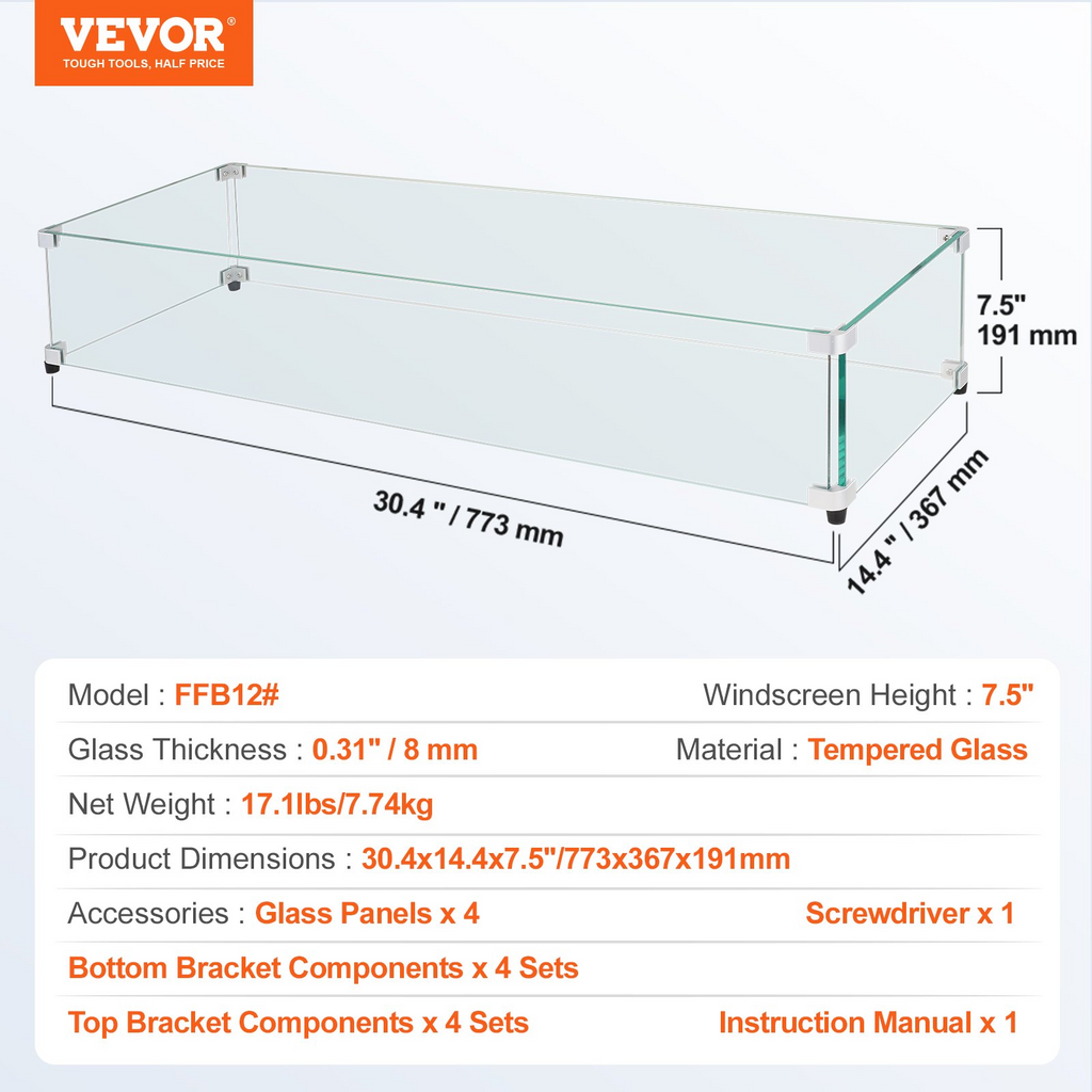 VEVOR Protector de viento de vidrio para mesa de fogata rectangular de 30 x 14 x 7,5 pulgadas