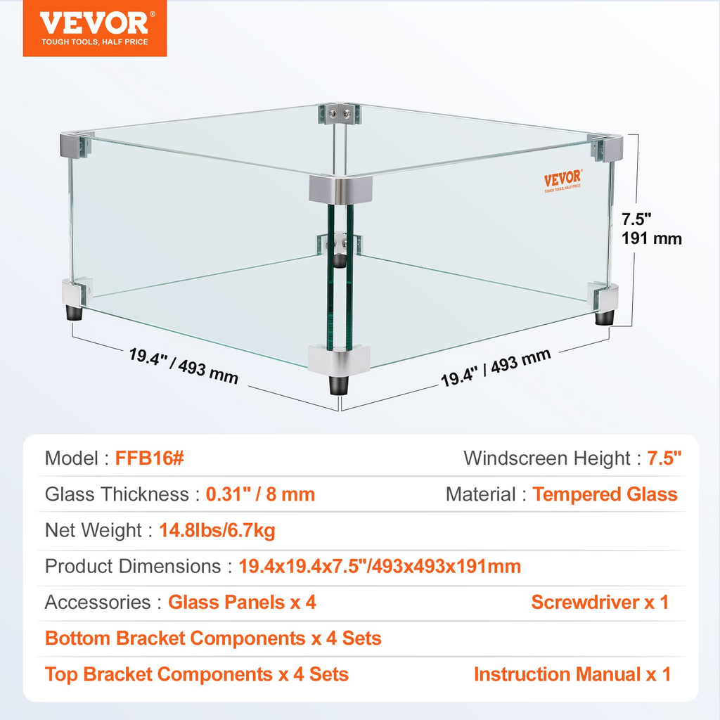 Protector contra el viento para fogatas a gas para mesa de fuego cuadrada 19 x 19 x 7,5 pulgadas de 0,31 pulgadas de espesor