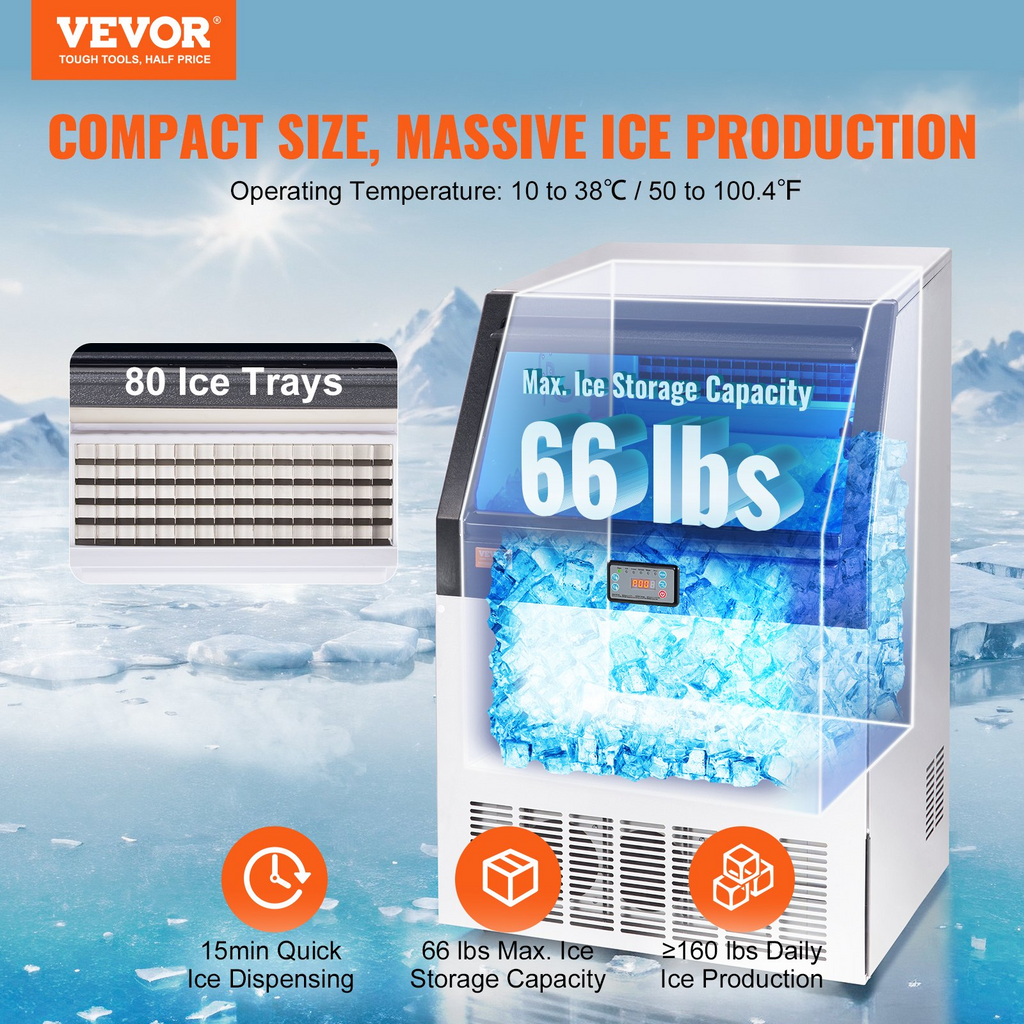 Máquina para hacer hielo comercial 160 lb/24 h 80 cubitos de hielo en 12-15 minutos de 66 lb