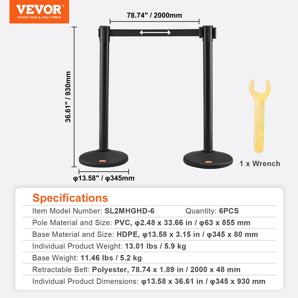 VEVOR - Postes de control de multitudes paquete de 6 barreras de control de multitudes con 3 cinturones retráctiles negros de 6,5 pies