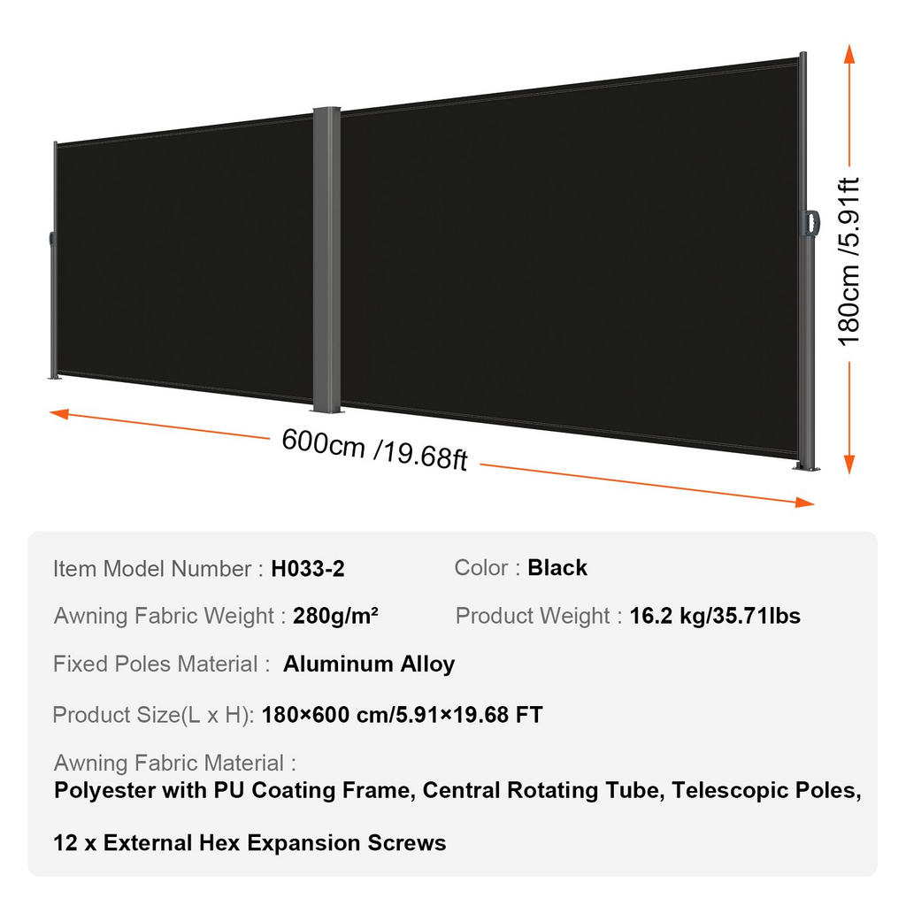 Toldo retráctil negro VEVOR de 236" x 71" resistente a la oxidación y de aluminio