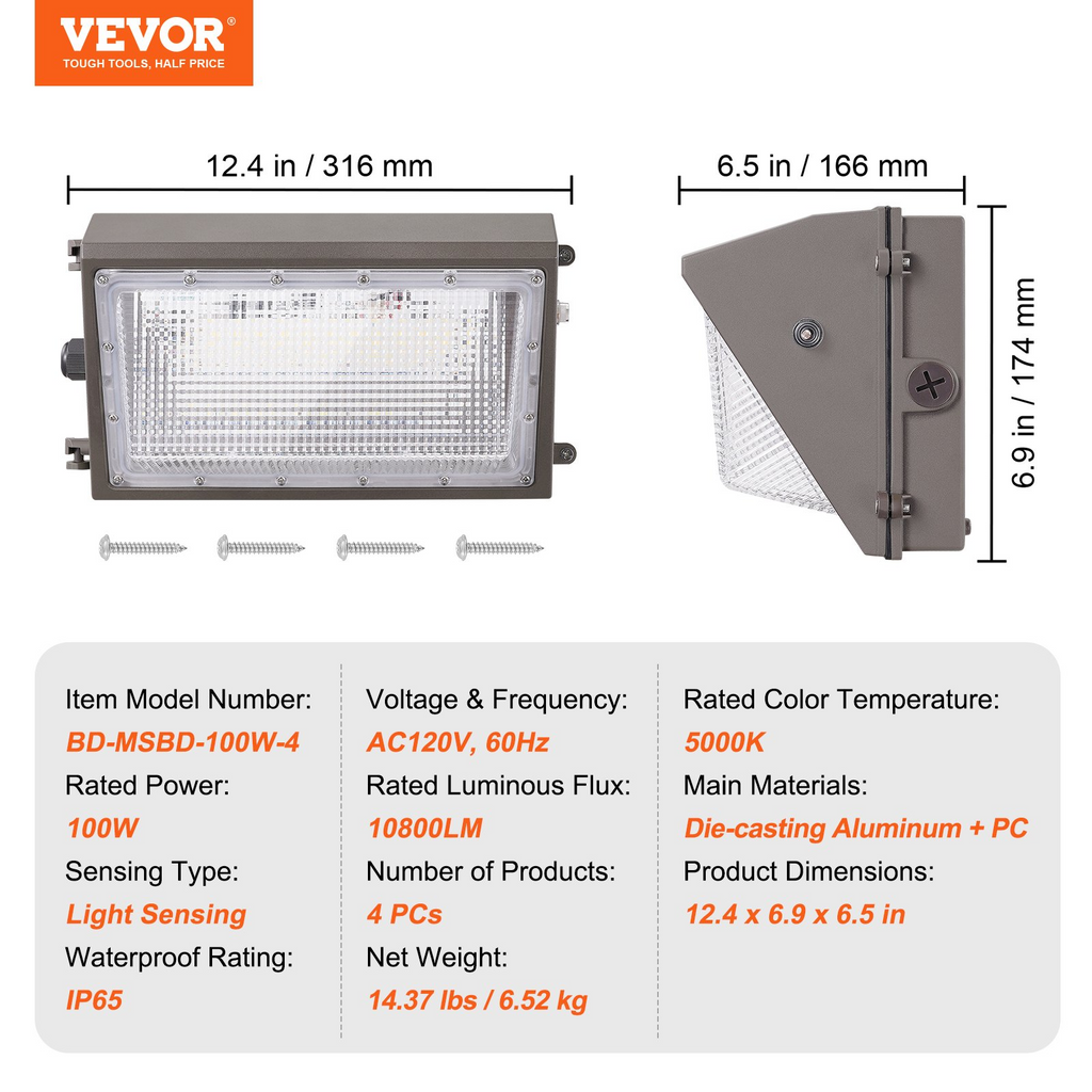 Paquete de 4 luces LED de pared 100W 10,800lm 5000K iluminación comercial para exteriores luminaria de seguridad con detección de luz inteligente 180 LEDs IP65