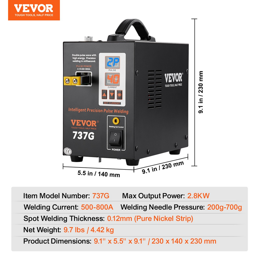 VEVOR Battery Spot Welder, 737G Pulse Spot Welder, Portable High-Power Battery Welding Machine Soldering Station with 2 Welding Modes and LED Lighting for 0.12mm Pure Nickel, 18650 14500 Battery Pack