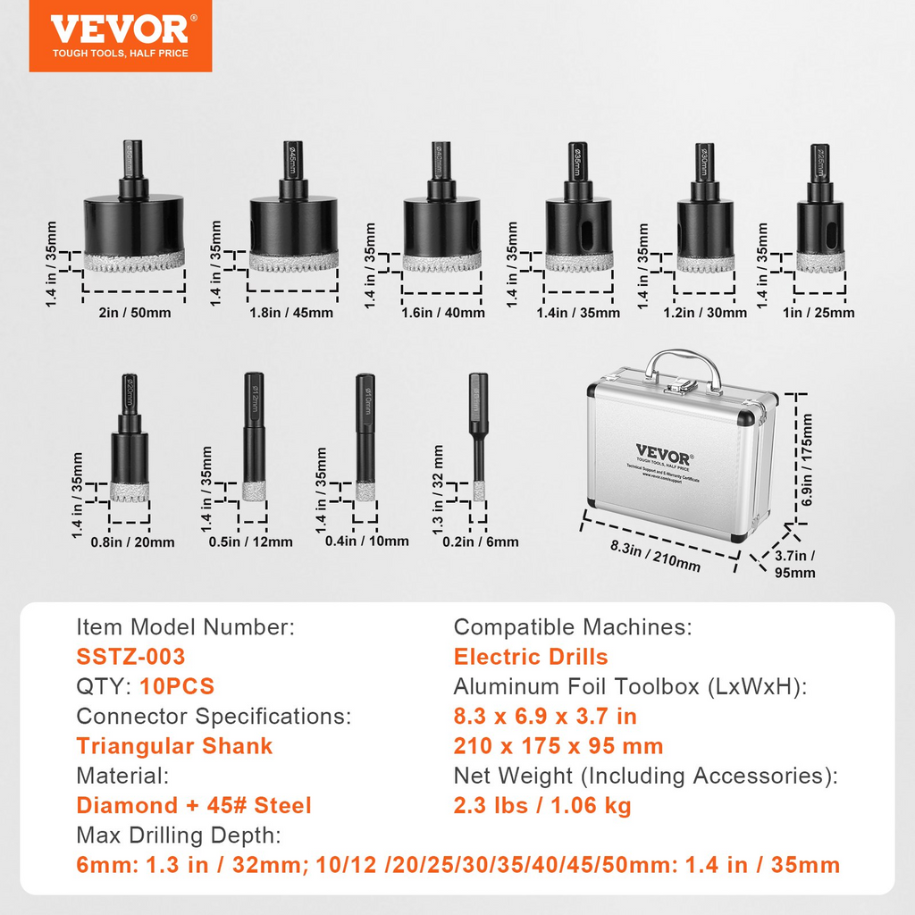 VEVOR Juego de brocas de diamante para perforar con núcleo 10 piezas 6/10/12/20/25/30/35/40/45/50 mm vástago triangular con estuche de almacenamiento