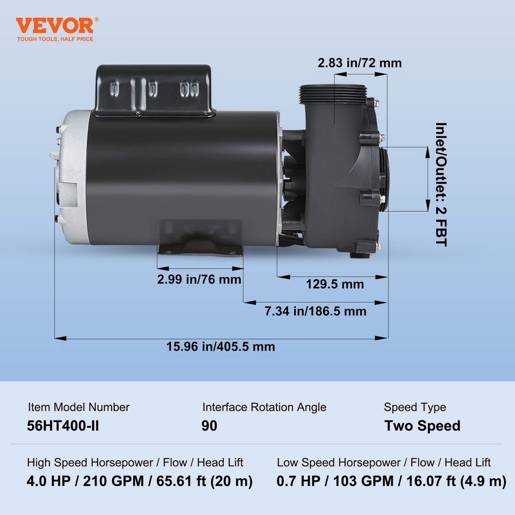 Bomba para spa de 2 velocidades VEVOR marco de 56 pulgadas CA 220-240 V 4 HP/210 GPM/65,61 pies de alta velocidad o 0,7 HP/103 GPM/16,07 pies de baja velocidad puerto de 2" con interfaz giratoria de 90°