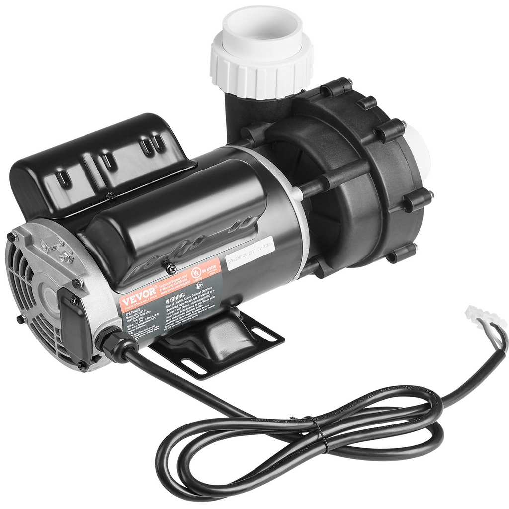 Bomba para spa 2 velocidades VEVOR marco 48 pulgadas CA 110-120 V 1.5 HP/150 GPM/42.65 pies alta velocidad 0.46 HP/70 GPM/9.18 pies baja velocidad puerto 2" interfaz giratoria 90° probada según normas UL