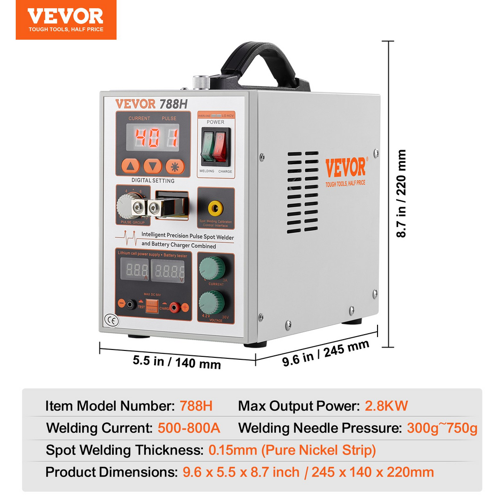 VEVOR Battery Spot Welder, 788H Pulse Spot Welder & Battery Charger, Portable High-Power Battery Welding Machine with 2 Welding Modes and LED Lighting for 0.15mm Pure Nickel, 18650 14500 Battery Packs