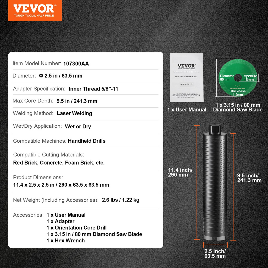 Broca de diamante VEVOR de 2,5" profundidad de perforación de 9,5" rosca interior de 5/8"-11 soldadura láser