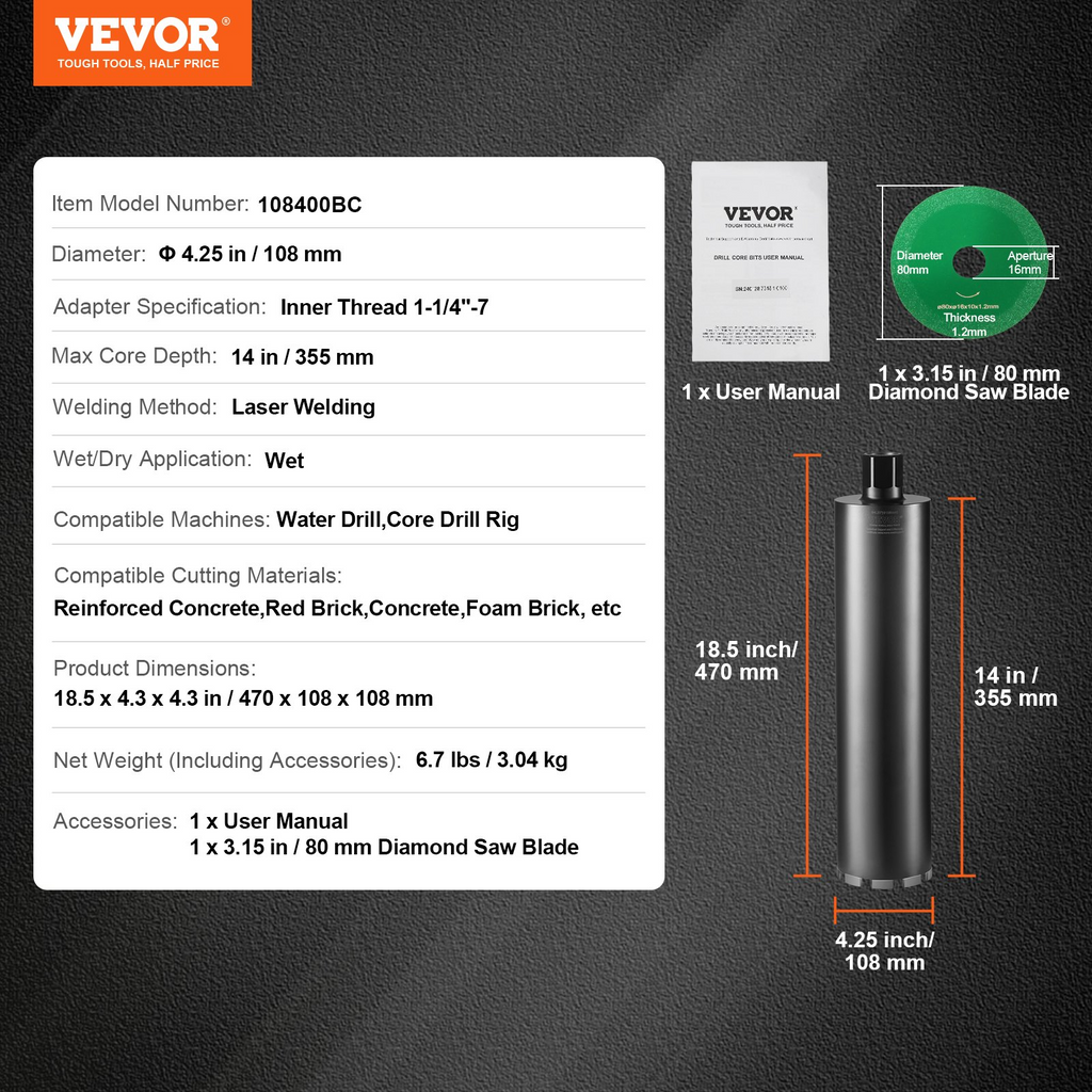 VEVOR Core Drill Bit, 4.25" Wet Diamond Core Drill Bits, 14" Drilling Depth Concrete Core Drill Bit with Saw Blade, 1-1/4"-7 Inner Thread, Laser Welding, Diamond Wet Coring Bit for Concrete Brick