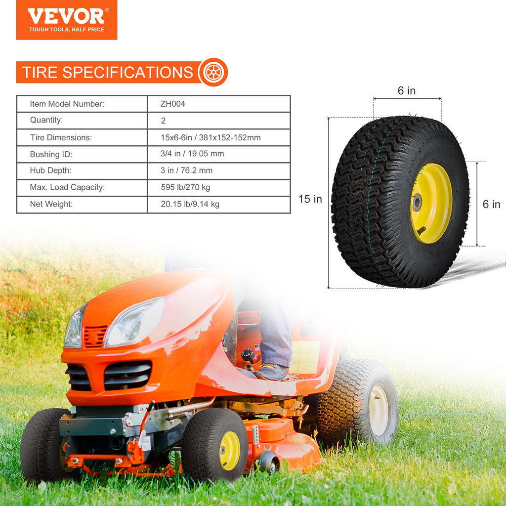 Paquete de 2 Neumáticos para tractor cortacésped VEVOR con llanta sin cámara de 15 x 6-6" 3" tamaño de buje de 3/4"