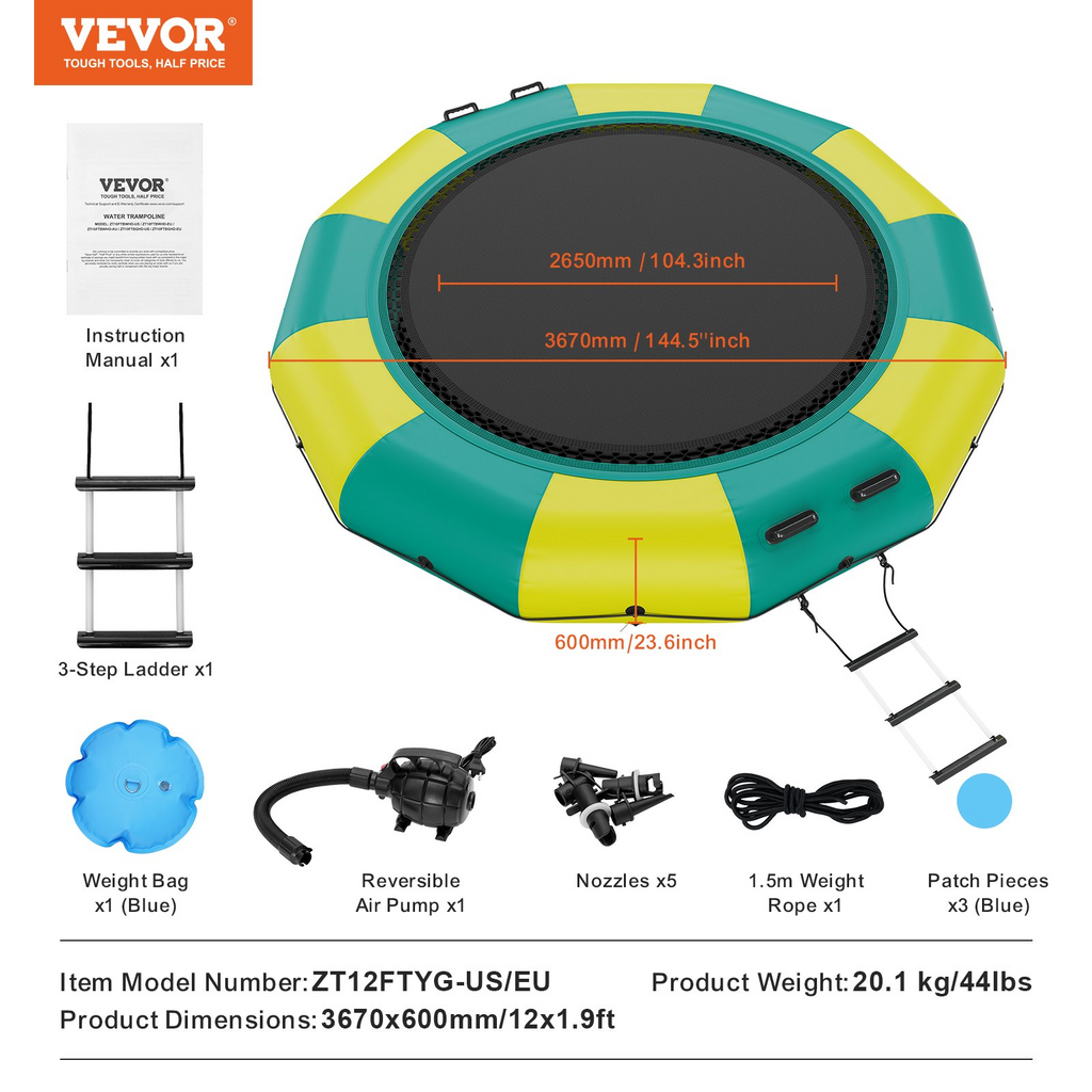 Trampolín acuático inflable de 12 pies con plataforma portátil escalera de 3 escalones y bomba de aire eléctrica para piscina lago y deportes acuáticos