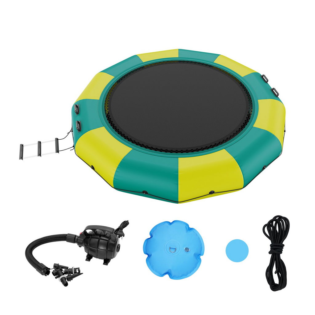 Trampolín acuático inflable de 12 pies con plataforma portátil escalera de 3 escalones y bomba de aire eléctrica para piscina lago y deportes acuáticos